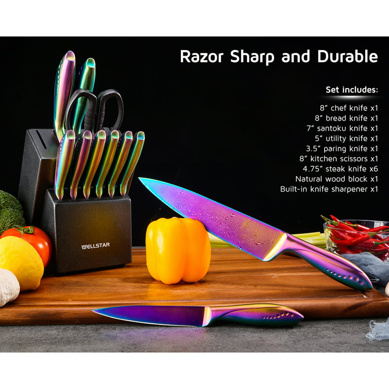 WELLSTAR Rainbow Knife Set 14 Pieces, Iridescent German Stainless Steel  Kitchen Knives Set with Wooden Block, Colorful Titanium Coating, Chef's  Knife