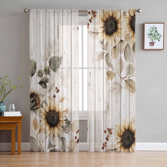 Vintage Sunflowers Semi Sheer Curtains 96 Inch Length 2 Panels Set, Farmhouse Flowers Wooden Grain Sheer Kitchen Curtain Privacy Voile Window Curtain for Living Room Bedroom Rod Pocket Drapes