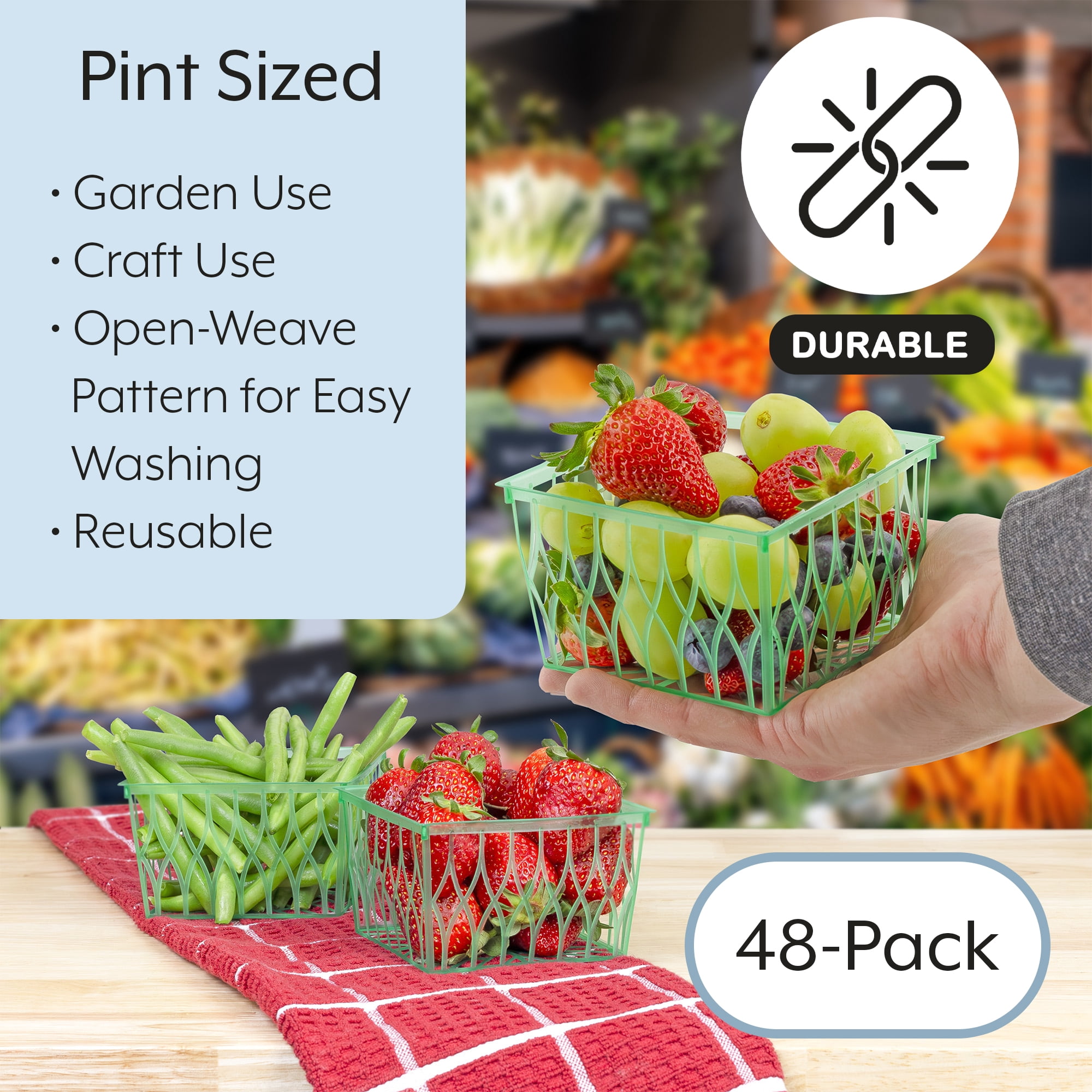Cornucopia Brands Pint Size Plastic Berry Baskets (48-Pack), 4-Inch Berry Boxes w/ Open-Weave Pattern, Ideal for Summer Picking & Crafts! (48 Boxes)
