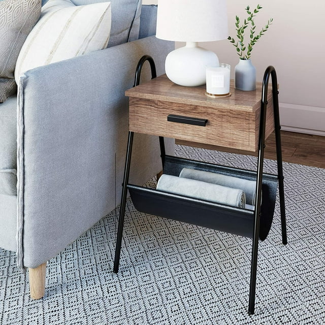 Nathan James 32501 Hugo Nightstand Accent Rustic Oak Wood Table with Drawer, Brown/Black