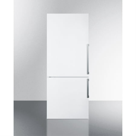 Frost-free ENERGY STAR certified bottom freezer refrigerator in white with digital controls and left hand door swing