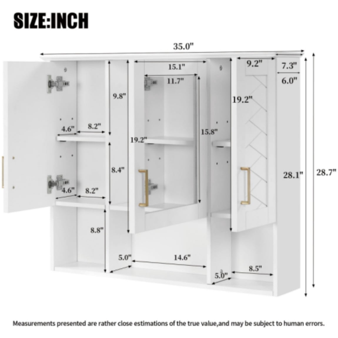 35" Wall Mounted Medicine Cabinet with Mirror, Bathroom Storage Cabinet with Adjustable Shelves, Soft Close Doors, Modern Mirror Cabinet for Vanity, White