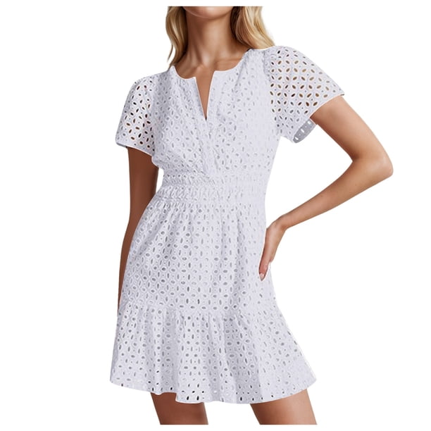 Vestido mini informal de color liso con cuello en V, línea A y plisado de encaje para mujer - Imitación lino, diseño hueco, cintura elástica, tallas S-XXL, perfecto para el verano