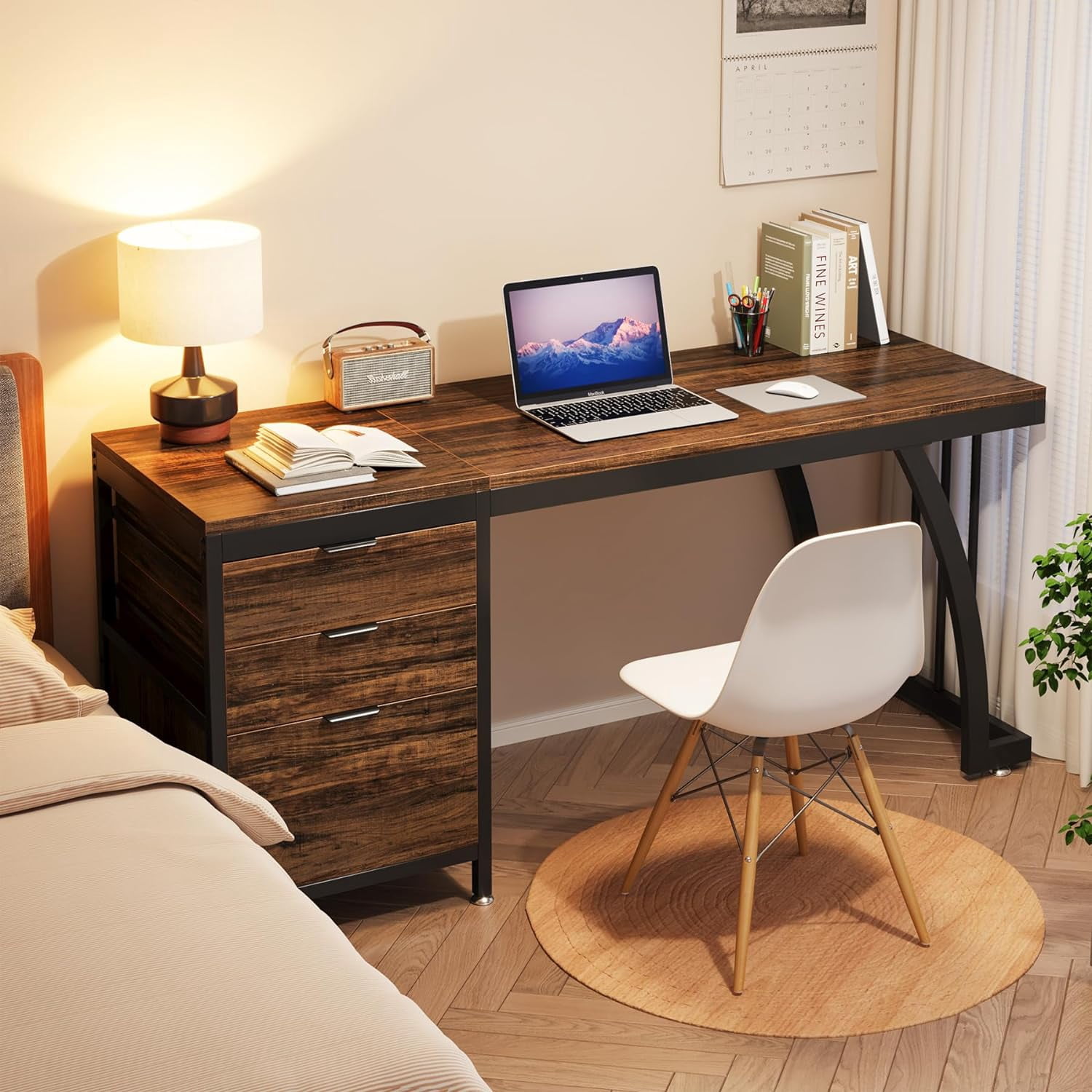 Tribesigns 59 Inch Computer Desk with 3 Drawers, Brown Industrial PC Desk with File Storage
