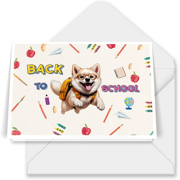 Back to School Cute Akita 7x5in Folded Greeting Card Inu Dog Lover Single Note Card with Envelope - 13010