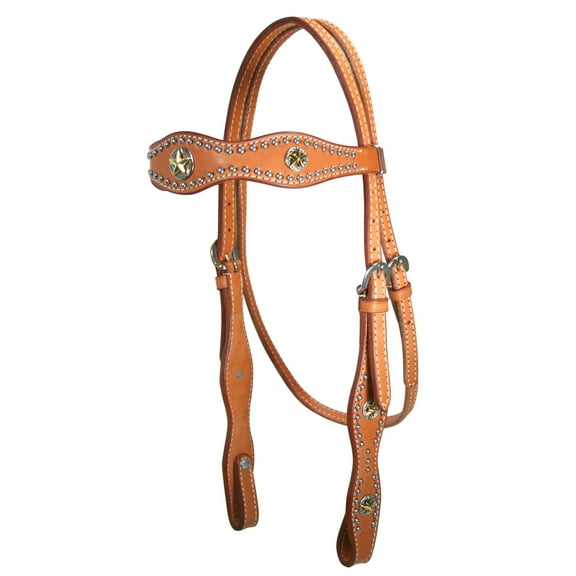Tahoe Tack USA Leather Caballero Western Browband Headstall with Silver and Gold Star Conchos Full Horse Size - London Tan / Full Horse