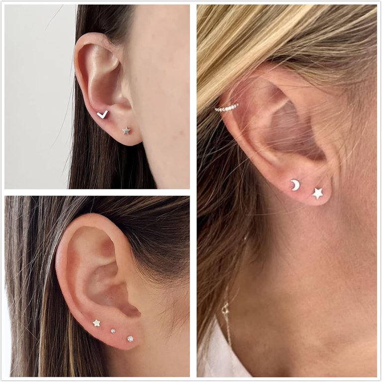 10 Pairs 14K Gold Plated Stud Earrings For Women - Hypoallergenic, 925 Sterling Silver Posts, Multiple Styles (Ball, Heart, Cross, CZ)