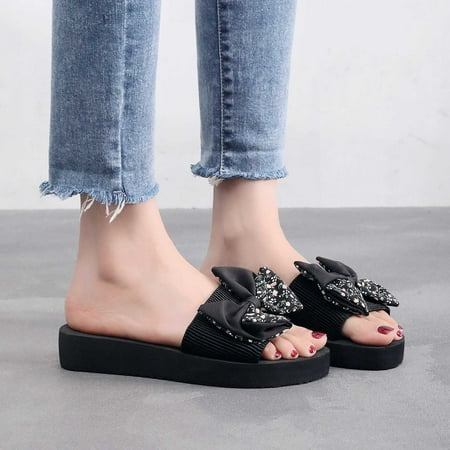 

YODETEY Women Sandals New Summer Flip-flops Linen Floral Bow Flat Sandals Black