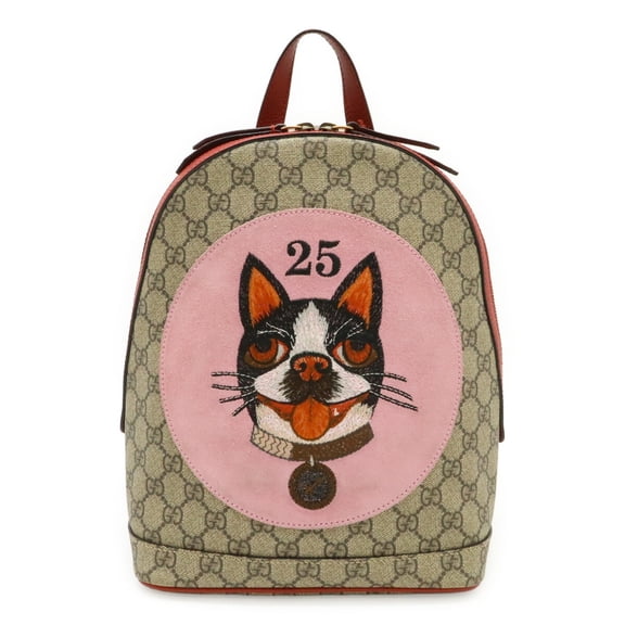 Pre-Owned GUCCI GG Supreme BOSCO appliqu dog backpack, leather, beige/red, 495621