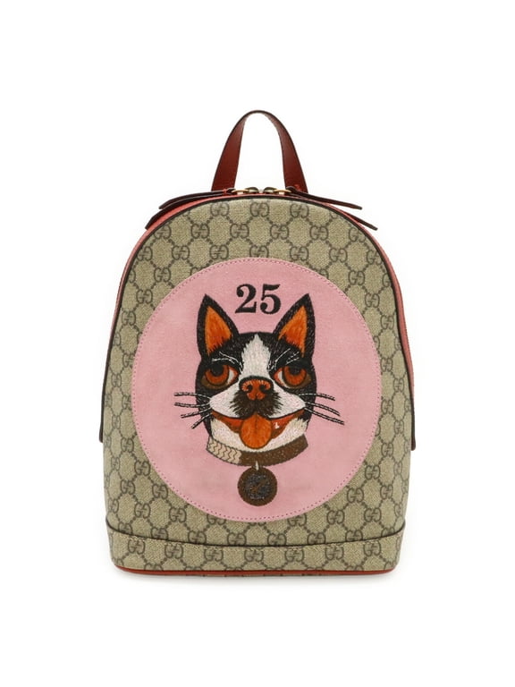 Pre-Owned GUCCI GG Supreme BOSCO appliqué dog backpack, leather, beige/red, 495621