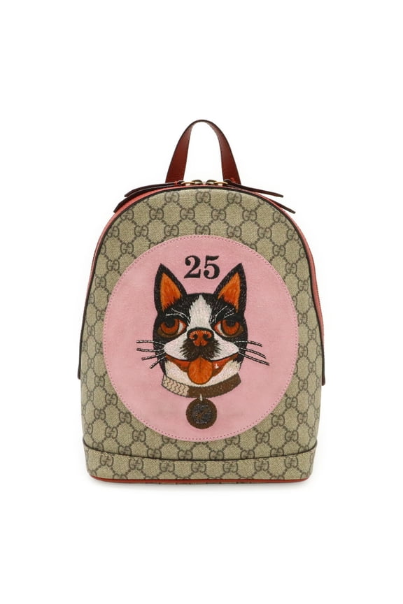Pre-Owned GUCCI GG Supreme BOSCO appliqu dog backpack, leather, beige/red, 495621