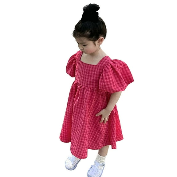 Girls Puff Sleeve Dress Square Neck Bowknot Tie Back Cute Summer Midi Dresses with Polka Dots Print (4 Years, Hot Pink)