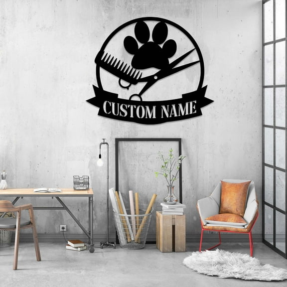Craftnamesign Custom Pet Grooming Hair Salon Metal Wall Art LED Light, Pet Groomer Name Sign
