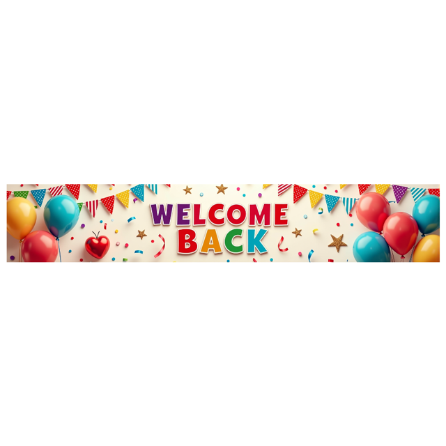 Welcome Back Celebration Banner Colorful Balloon Decoration Party Background Grand Opening Event Backdrop School Reunion Anniversary Retail Display