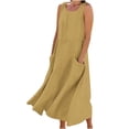 thumbnail image 2 of ClodeEU Women's Linen Blend Round Neck Sleeveless Midi Dress,Casual Loose Sundress with Pockets A-Yellow,Women's Plus XXXL, 2 of 5