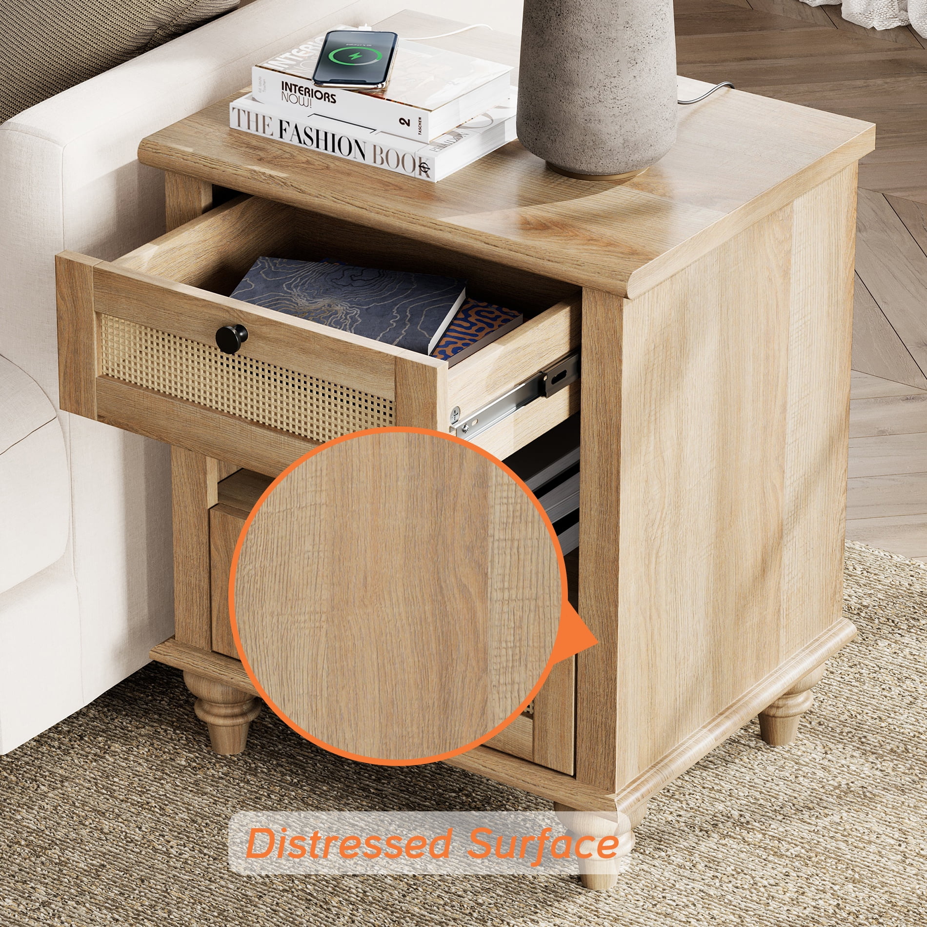 Rattan Night Stand with Charging Station, 20 Inch Vintage End Table with 2 Drawers for Bedroom, Living Room, Antique Oak