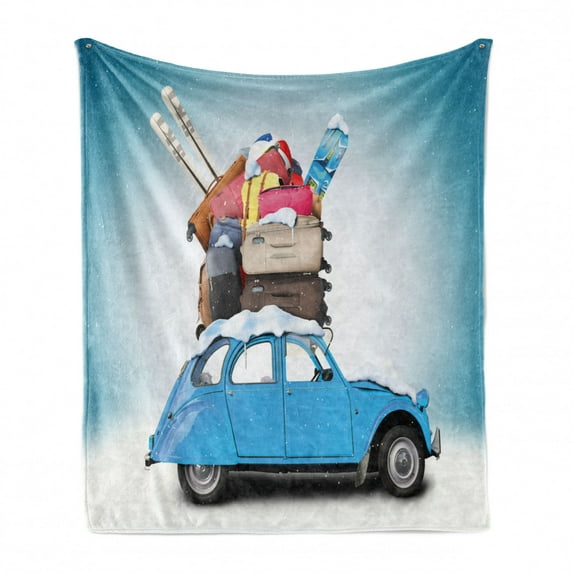 Winter Soft Flannel Fleece Blanket, Traveling Themed Snowy Image Ski Baggage Items Blue Vintage Car Holiday Photograph, Cozy Plush for Indoor and Outdoor Use, 50" x 70", Multicolor, by Ambesonne