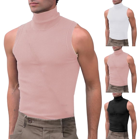 Men's Mock Turtleneck Tank Tops Ribbed Knit Slim Fit Sleeveless Shirts Casual Basic Tee Shirts Pink L