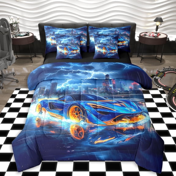 Erosebridal Blue Fast Car Twin Bedding Sets 7-Piece For Kids Boys,Car Theme Bedding Comforter Set For Teens,Black Reversible,Luxury Bedroom Decor