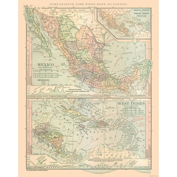 Historic Map - Mexico Guatemala West Indies - Monteith 1882 - Vintage Wall Art