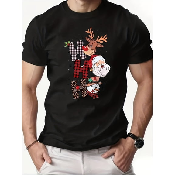 Men's Christmas T-Shirt with Reindeer, Santa & Deer Antlers Print - Short Sleeve Casual Round Neck Holiday Attire Suitable for Xmas Gatherings & Winter Events