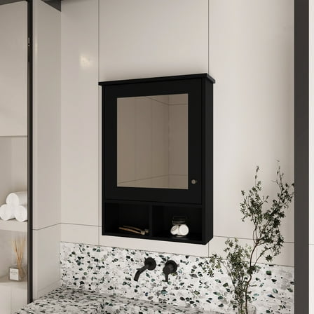 Bathroom Medicine Cabinet - Two Open Shelves And Quality Engineered Wood In Black Finish Storage Three Hidden For Organization