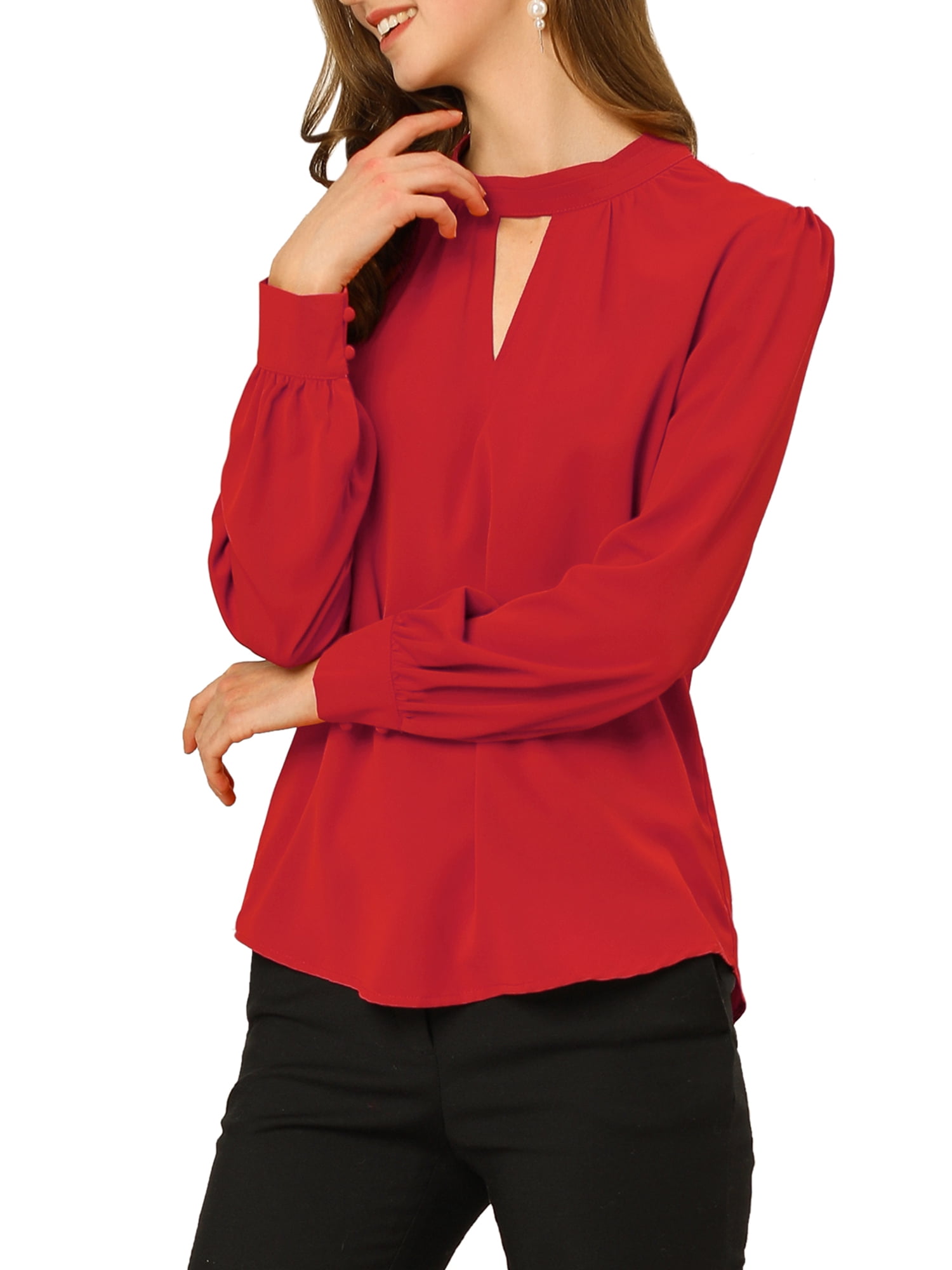 DARING DIVA Women's Stand Collar Long Sleeve Office Blouse M Red