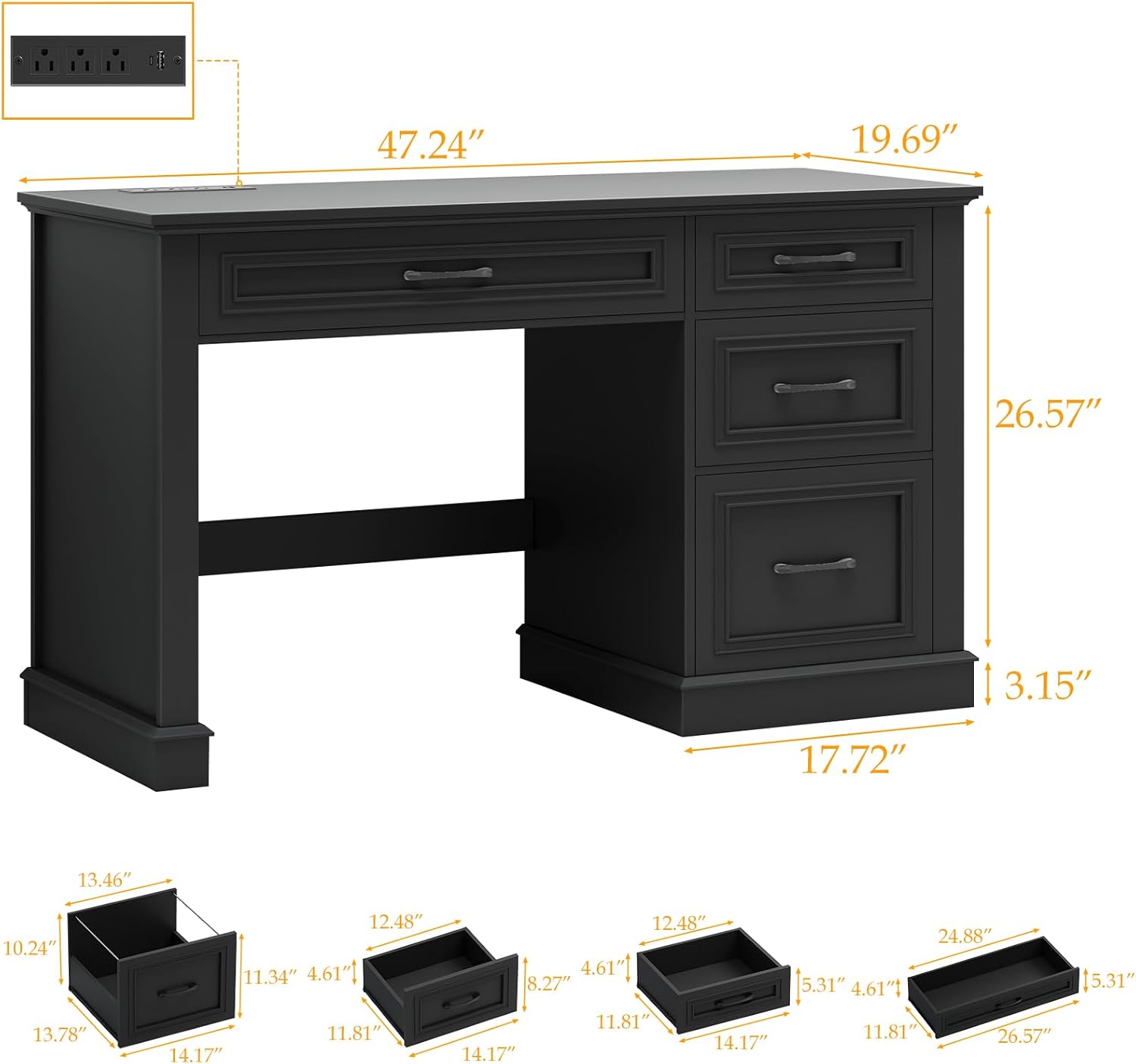 Farmhouse 47" Executive Desk, Computer Desk with Drawers and File Drawer, Workstation Computer Desk with Charging Station for Home Office, Study,Pure Black.