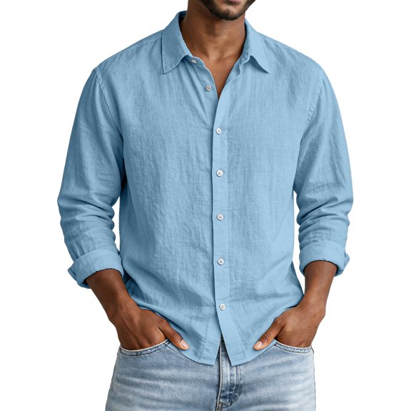Fabrcox Linen Button Down Shirt Men Roll Up Collared Long Sleeve Shirt Men Sun Protection Vacation Travel Yoga Summer Men's Beach Shirt Blue XXXL