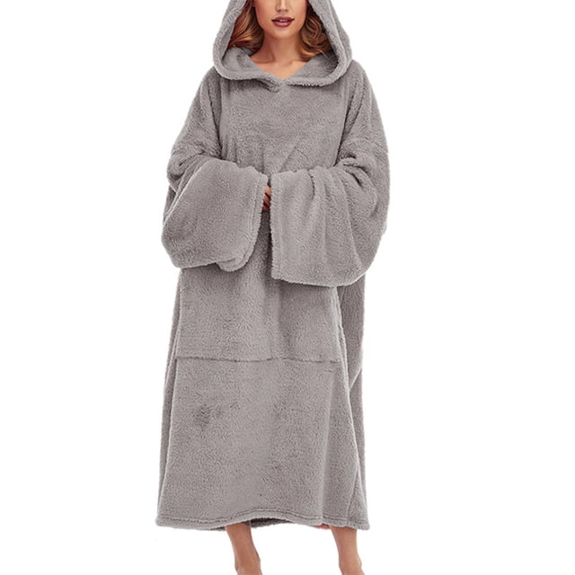Kmbangi Women Velvet Sleeping Robe, Long Sleeve Hooded Neck Kangaroo Pockets Solid Color Nightwear