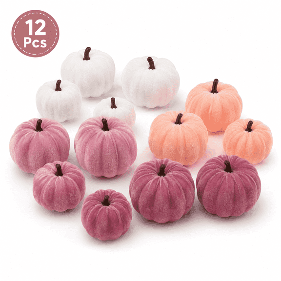 Flocked Pumpkins,Velvet Pumpkin Decor Set,Pink Series Pumpkin for Fall Thanksgiving Halloween Table Centerpiece,12 Pcs