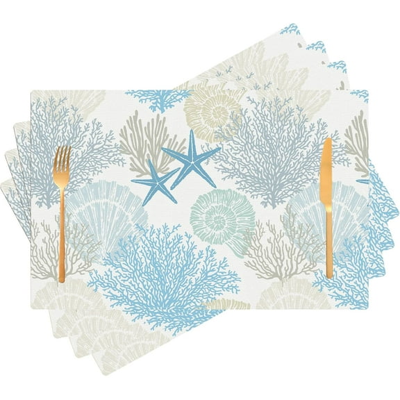 Summer Placemats Set of 4 Starfish Beach Place Mats Indoor Sea Shells Coral Linen Washable Heat Resistant Placemats for Kitchen Dining Tables, 12x18 Inches