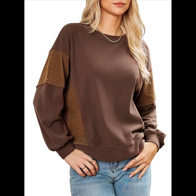 Sudadera Informal de Gran Tamaño para Mujer, Cuello Redondo, Bloques de Color, Holgada, Tipo Jersey. Café XL