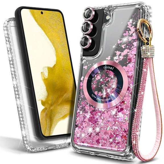 NageBee Magnetic Case for Samsung Galaxy S22 | MagSafe Compatible | Jewel Camera Lens & Wrist Strap Lanyard | Glitter Floating Liquid Cover (Rose Gold)