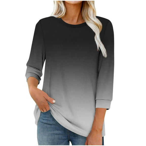 Fmbrln Womens 3/4 Sleeve Tops Fashion Crew Neck Gradient Print Work Tops Lightweight Comfy Tunic Tops Casual Dressy T-Shirts Blouses Black 2XL
