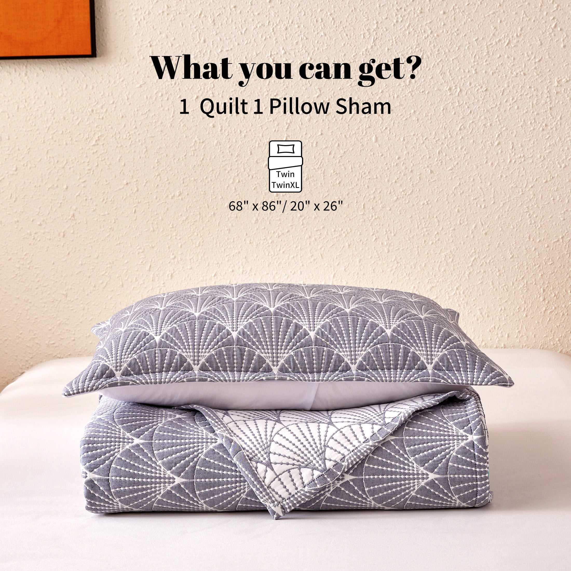 Sonive Boho Shells Quilt Set, Lightweight Gray Pattern Microfiber Classic Quilts with 1 Pillow Sham, Twin/Twin XL Gray