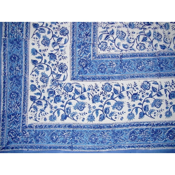 Rajasthan Block Print Tapestry Cotton Bedspread 106" x 106" Queen Blue