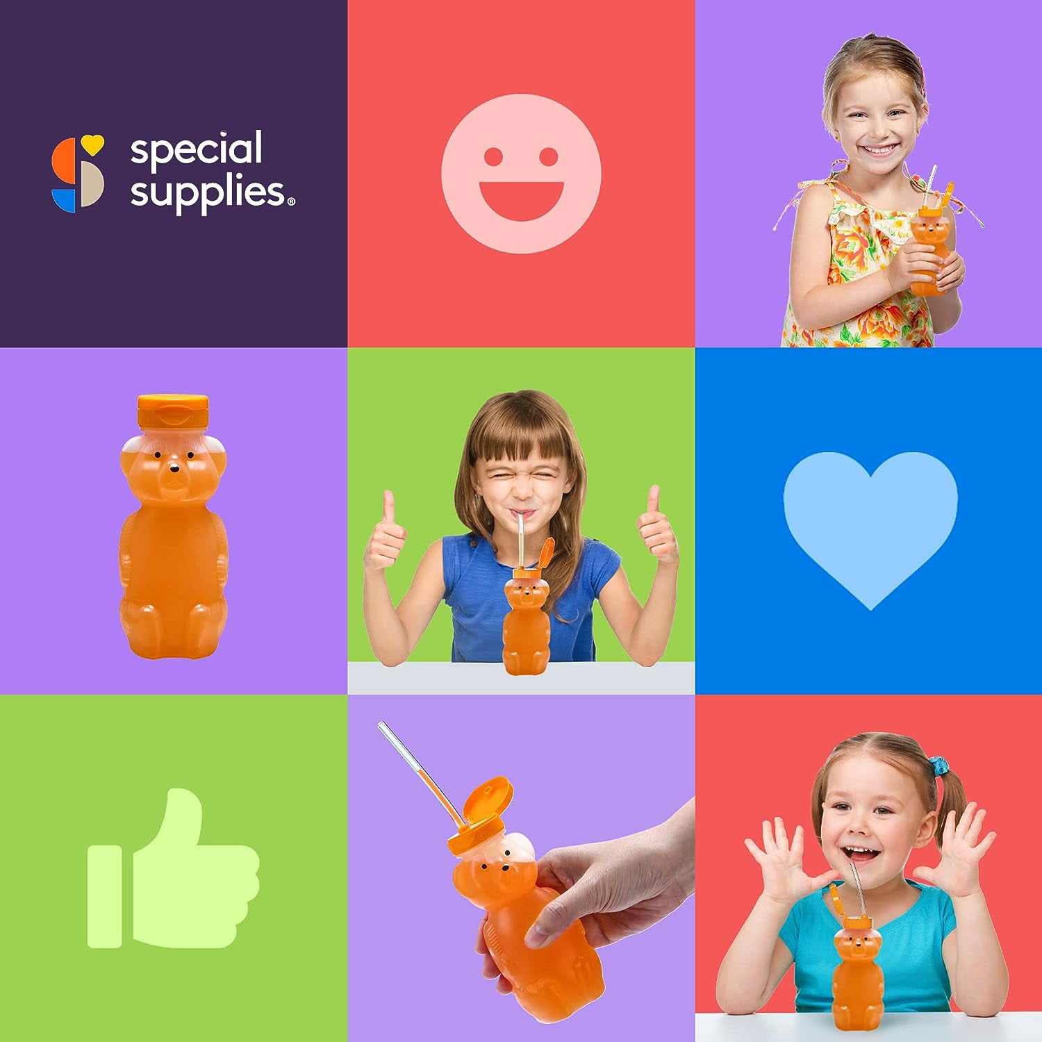 Special Supplies Honey Bear Straw Cup for Babies — Spill-Proof Juice Bottle,  Flexible Reusable Straws — Special Needs Assistive Cup, Pack of 6 Bottle