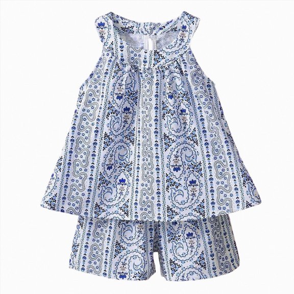 KPOPLK 1T 2T 3T 4T 5T Infant Toddler Baby Girl Floral Outfit Sleeveless Waffle Cami Tank Ruffle Tops Wide Pants Summer Clothes(18-24 Months,Blue)