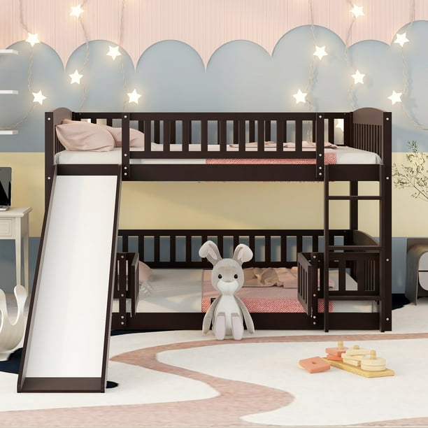 Bellemave Low Bunk Bed with Slide, Wood Full Over Full Bunk Beds with Fence Railings, Floor Bunk