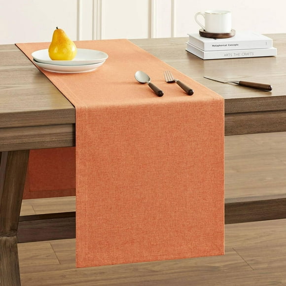 shiyou-Basic Linen Style Table Runner, 14 x 72 Inch Burnt Orange Chambray, Rustic Farmhouse Orange Fall Table Runners 72 Inches Long, Everyday Polyester Table Runner - Machine Washable & Easy Care