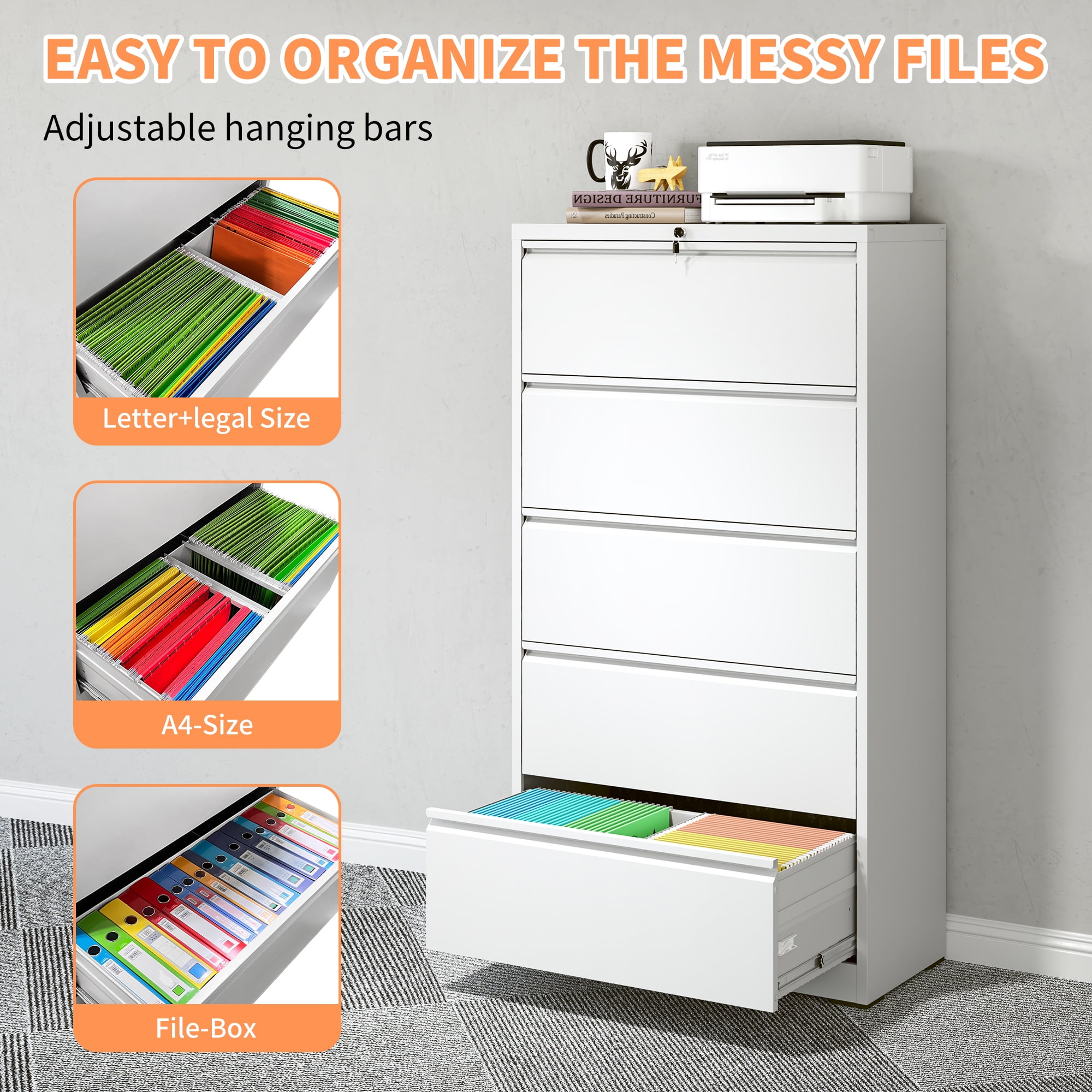 DRNANLIT 5-Drawer Steel Lateral File Cabinet with Locking System - Durable and Stylish Storage Solution for Home and Office, White