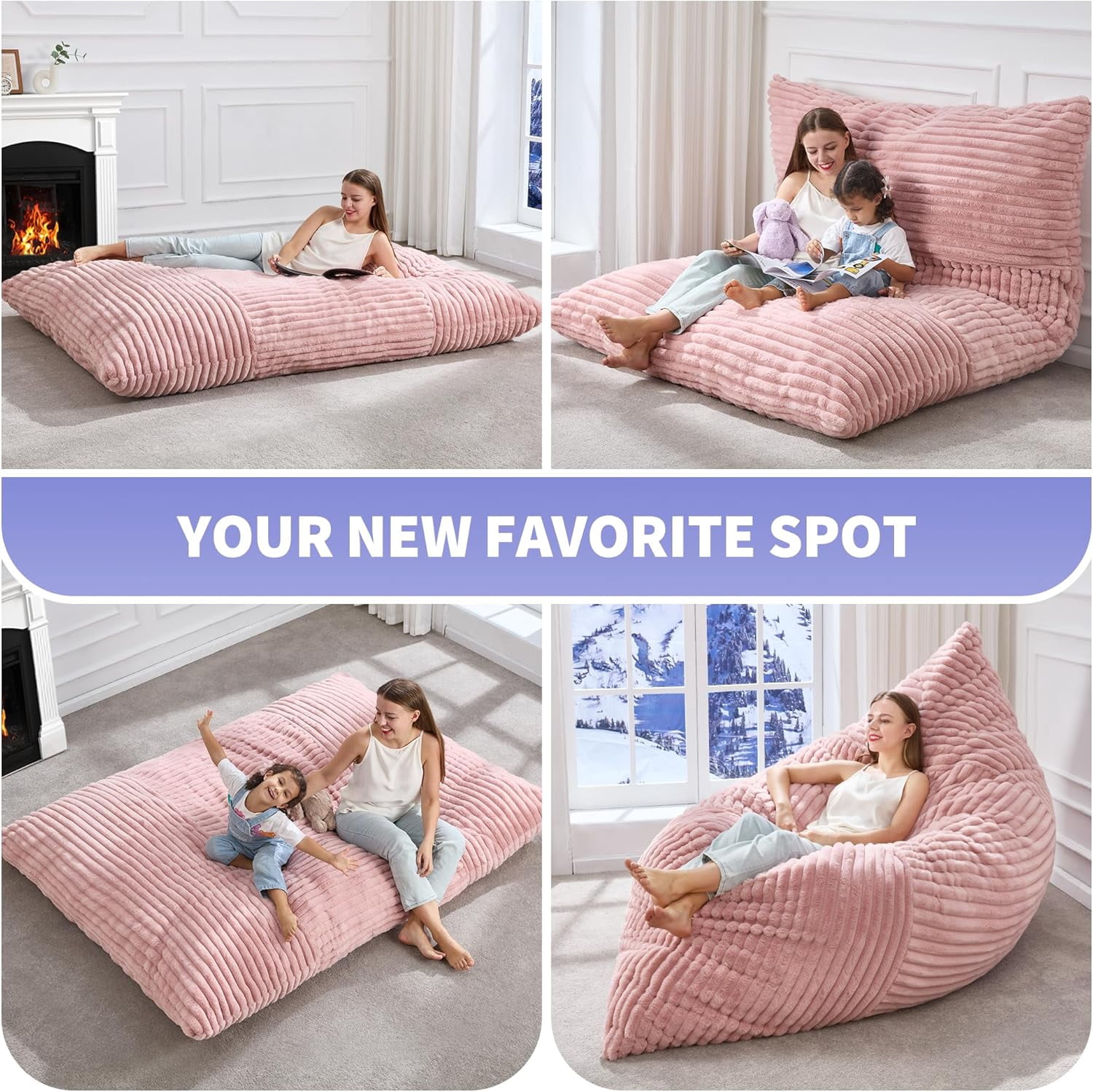 TINKLE WELL Giant 3-in-1 Bean Bag Chair for Adults, Convertible Floor Sofa & Cushion, Perfect for Bedroom & Living Room Lounging, Pink
