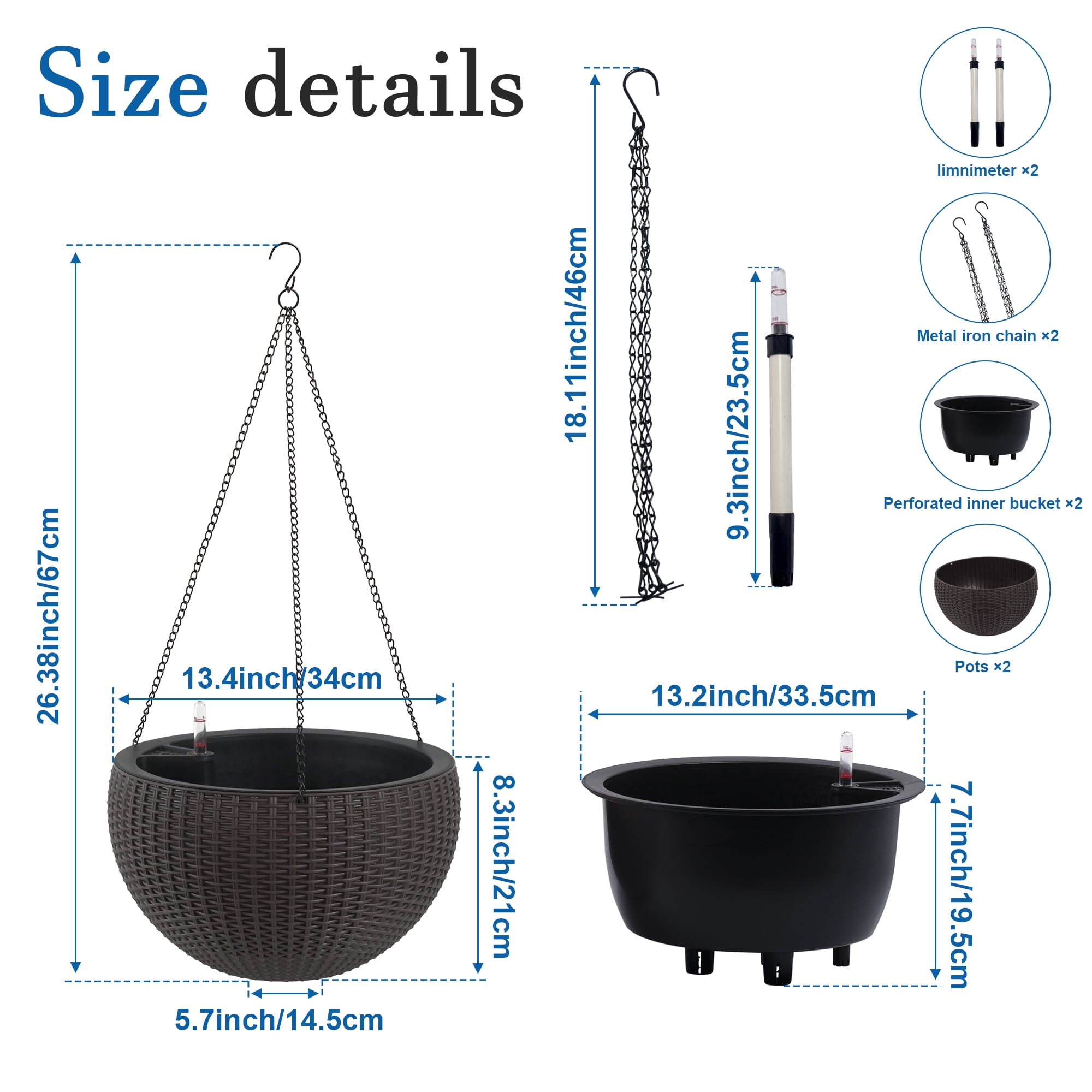 Vigo huseeo 2 Pack Large Self-watering Hanging Planters for Indoor & Outdoor Plants , Resin Rattan Pot for Home, Office and Garden, Brown