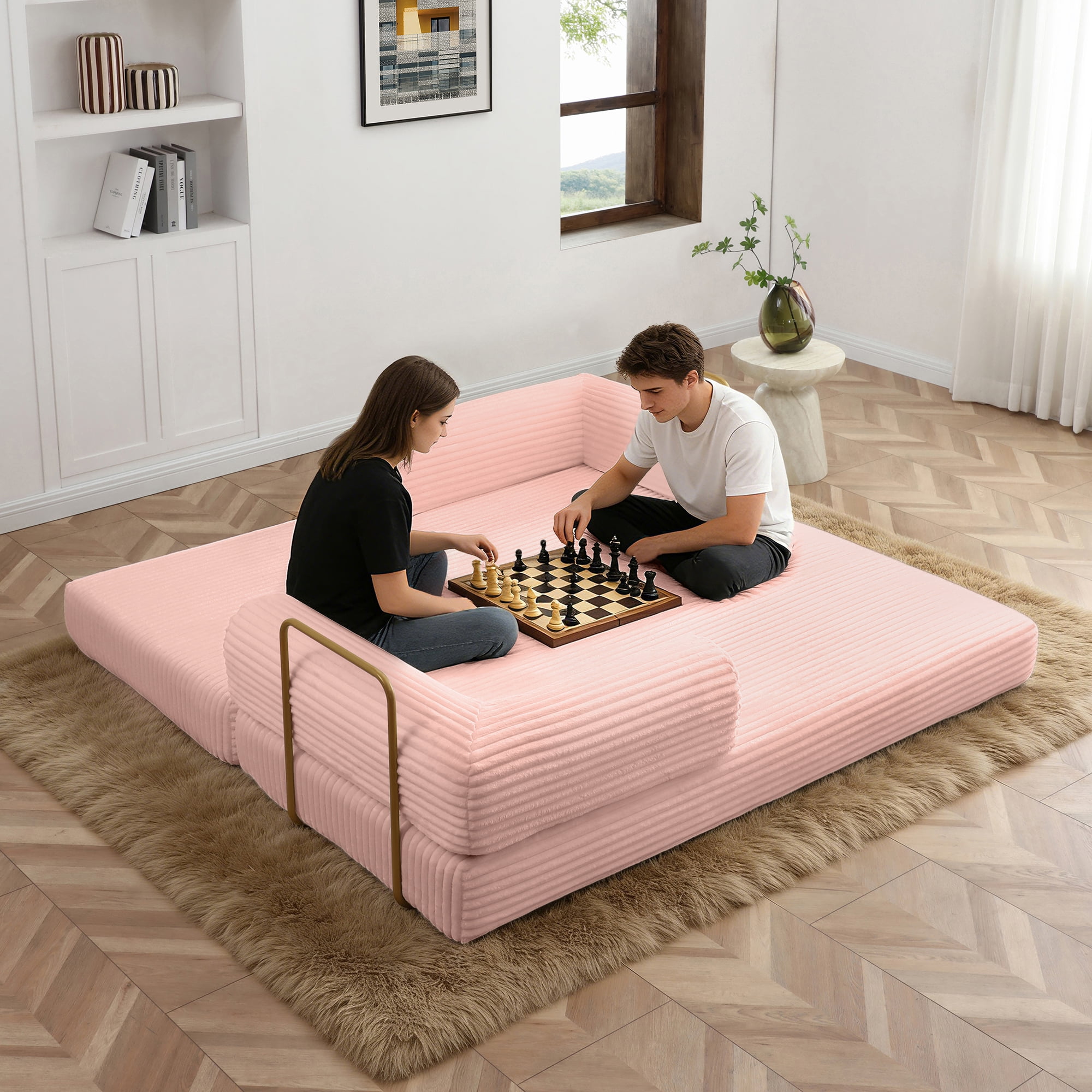 79.5" Convertible Sofa Bed,Folding Sleeper Sofa Couch Bed with Fixed-Shape Frame,Corduroy Fold Out Sleeper Loveseat for Living Room,Bedroom,Apartment,Pink