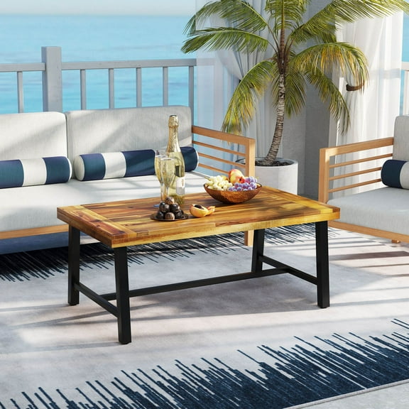 LINJH Acacia Wood Coffee Table Indoor Outdoor Rectangle Center Table w/ Thickened Top