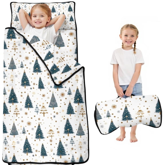 Blue and Gold Christmas Tree Pattern Toddler Nap Mats for Kids Preschool,50"x20" Sleeping Mat Bag or Kids,Toddler Sleeping Bag,Toddler Nap Mat or Daycare
