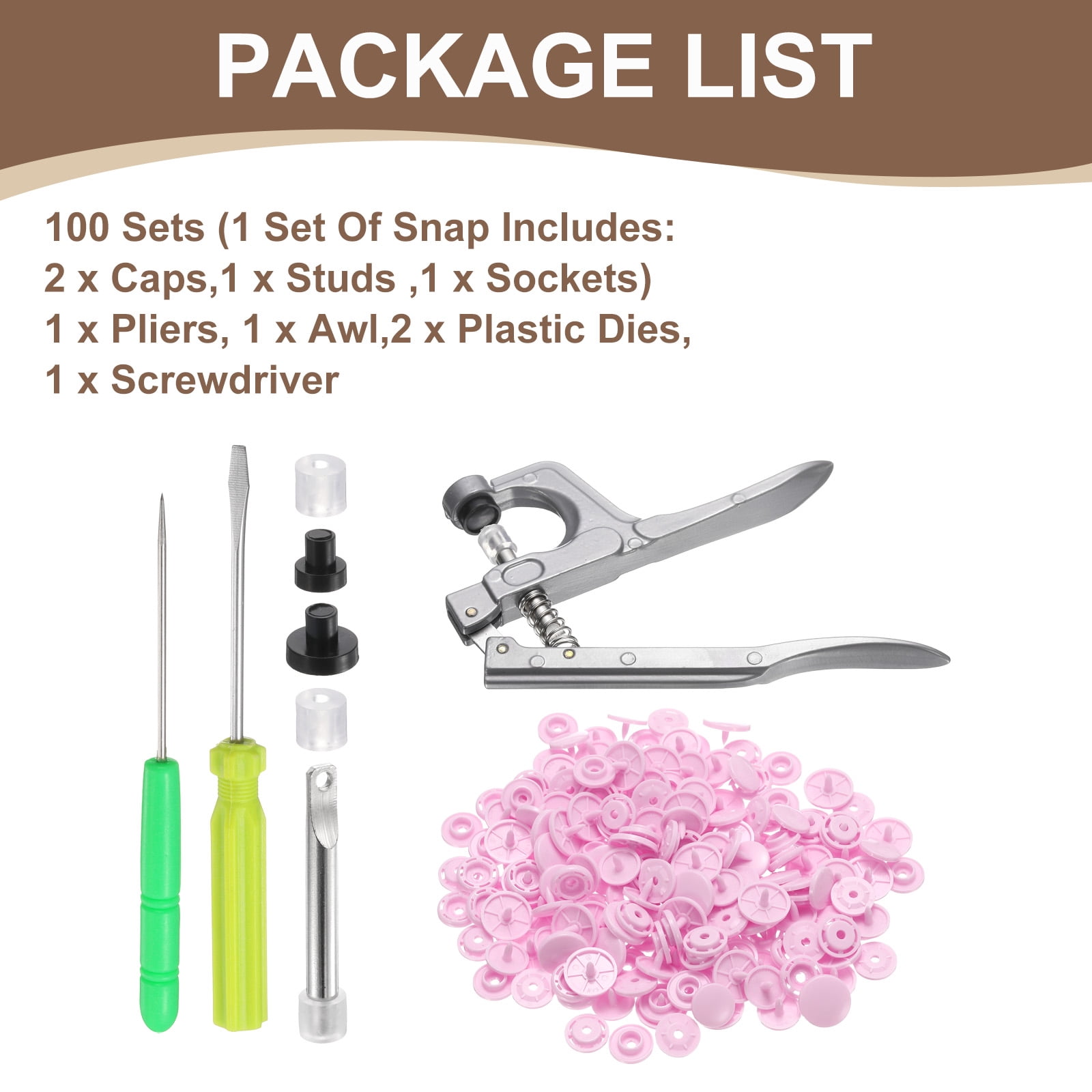 Uxcell Plastic Snaps Fasteners with Snap Pliers, 100 Set T8 Round Resin No-Sew Button Snap Fasteners Kit Pink