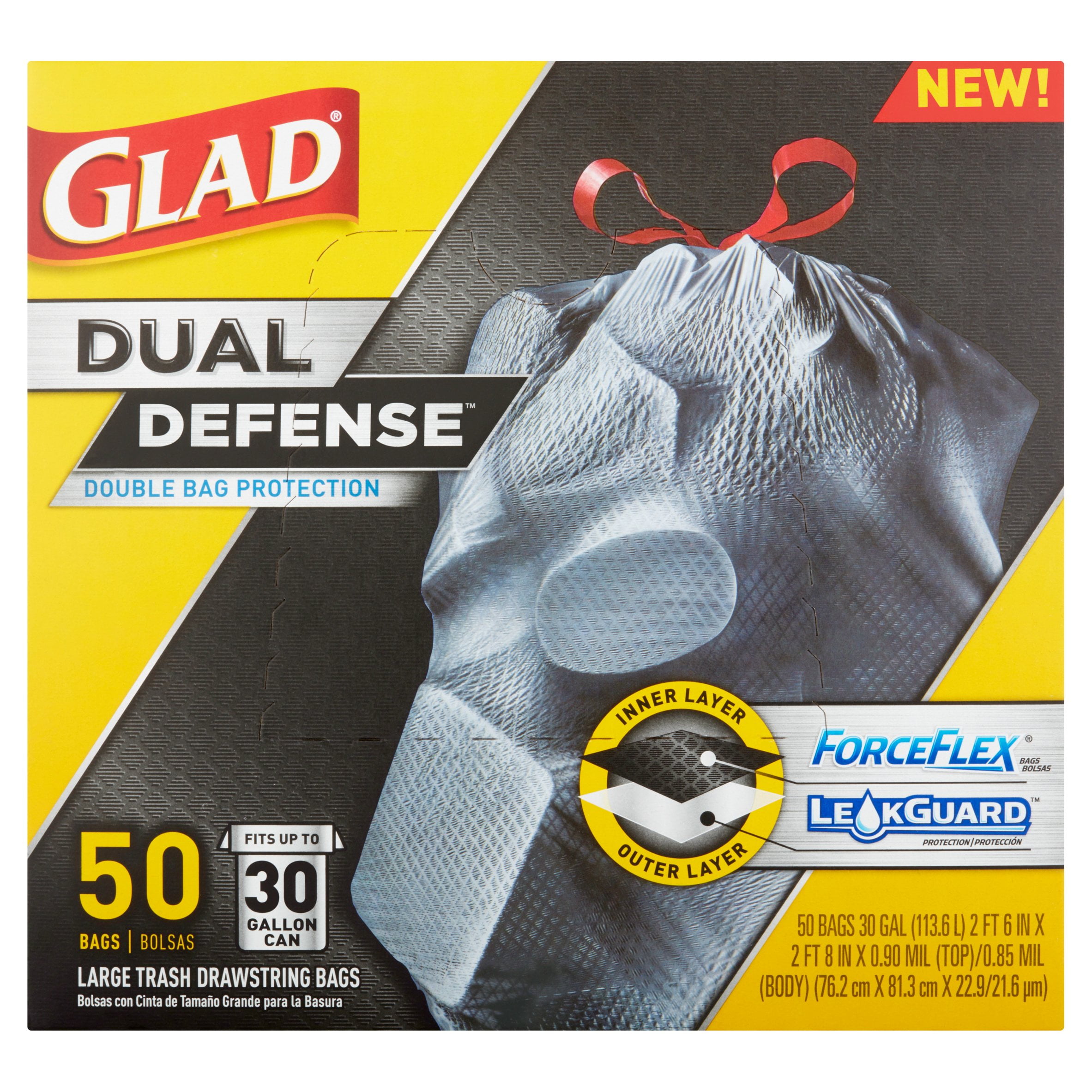 Glad Dual Defense Drawstring Trash Bags 30 Gallon 50 Ct
