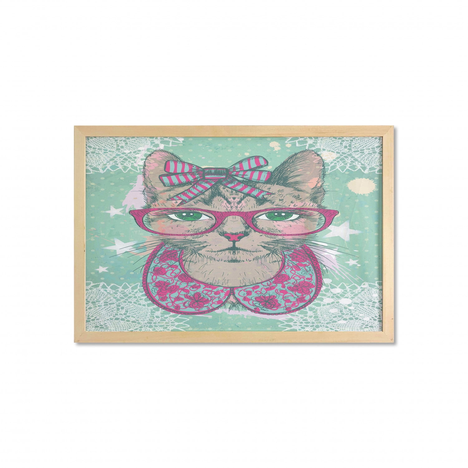 Cat Wall Art with Frame, Fashion Cat in Hipster Glasses and Lace ...